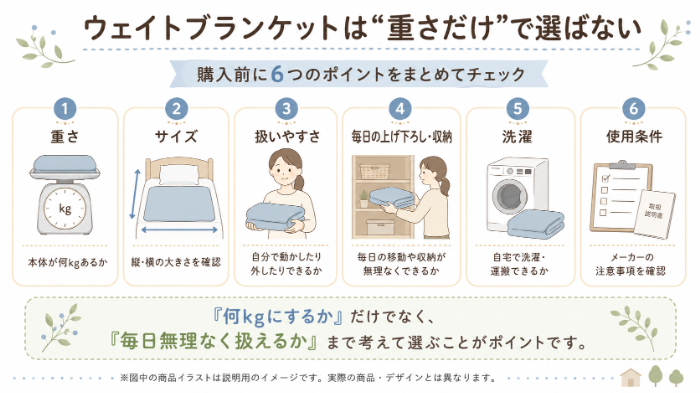 ウェイトブランケット選びは「重さ・サイズ・扱いやすさ・収納・洗濯・使用条件」をまとめて確認する図