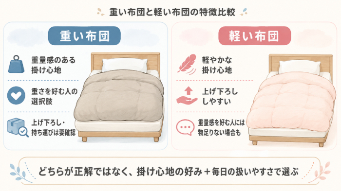 重い布団と軽い布団の特徴をひと目で比較する図