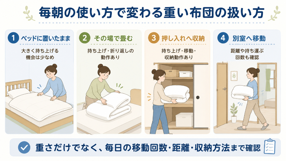 毎朝の使い方で変わる重い布団の扱い方｜「ベッドに置いたまま」「その場で畳む」「押し入れへ収納」「別室へ移動」の4パターンを比較する図解