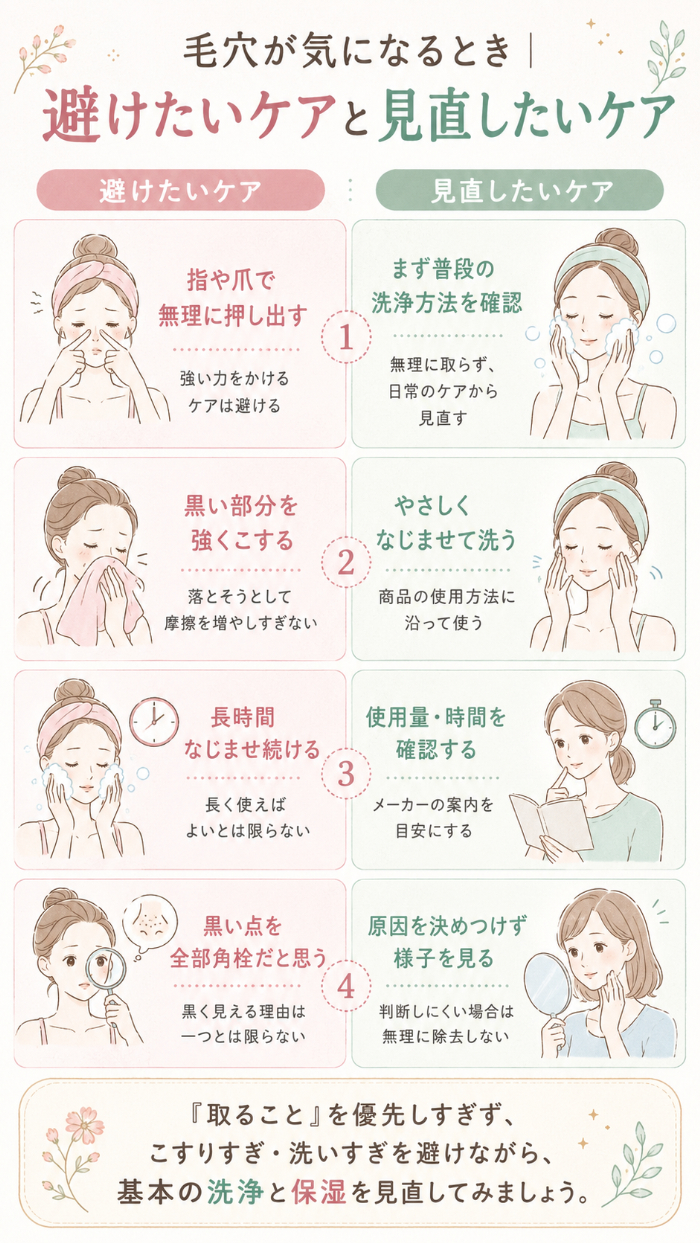 避けたい毛穴ケアと見直したいケアの比較