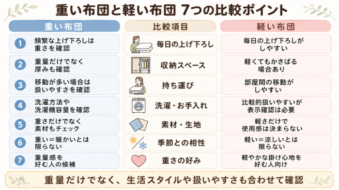 重い布団と軽い布団を7項目で比較する早見図