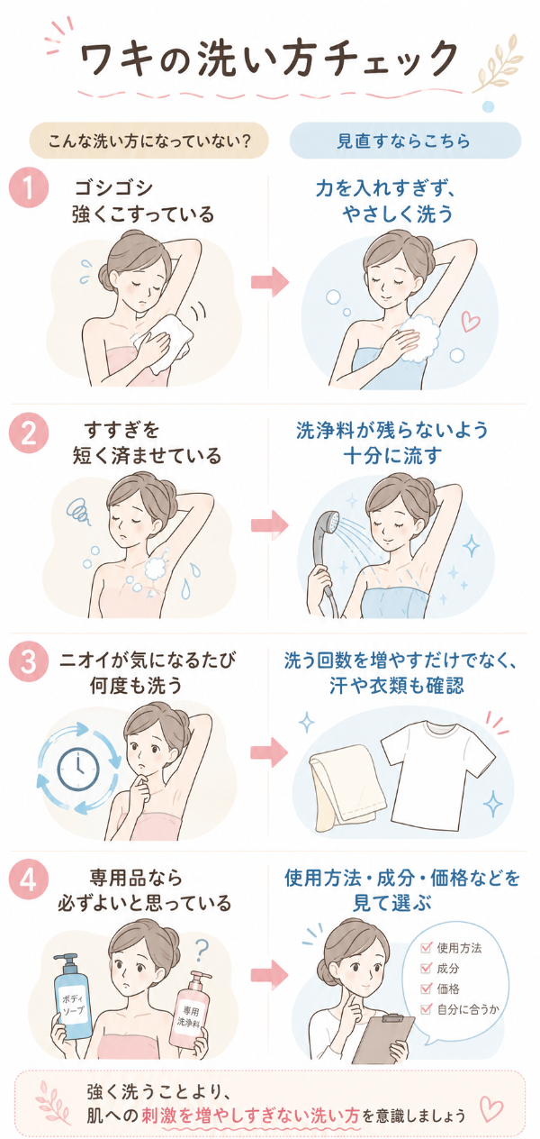 「ゴシゴシ洗う」「すすぎ不足」などを見直すチェック図