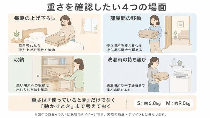 毎朝の上げ下ろし・部屋移動・収納・洗濯の4場面をまとめた図