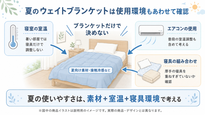 夏の使用環境を確認する「室温・エアコン・寝具」の関係図