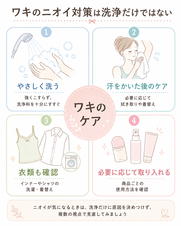 洗浄だけに偏らず、汗・衣類・デオドラントまで整理する図