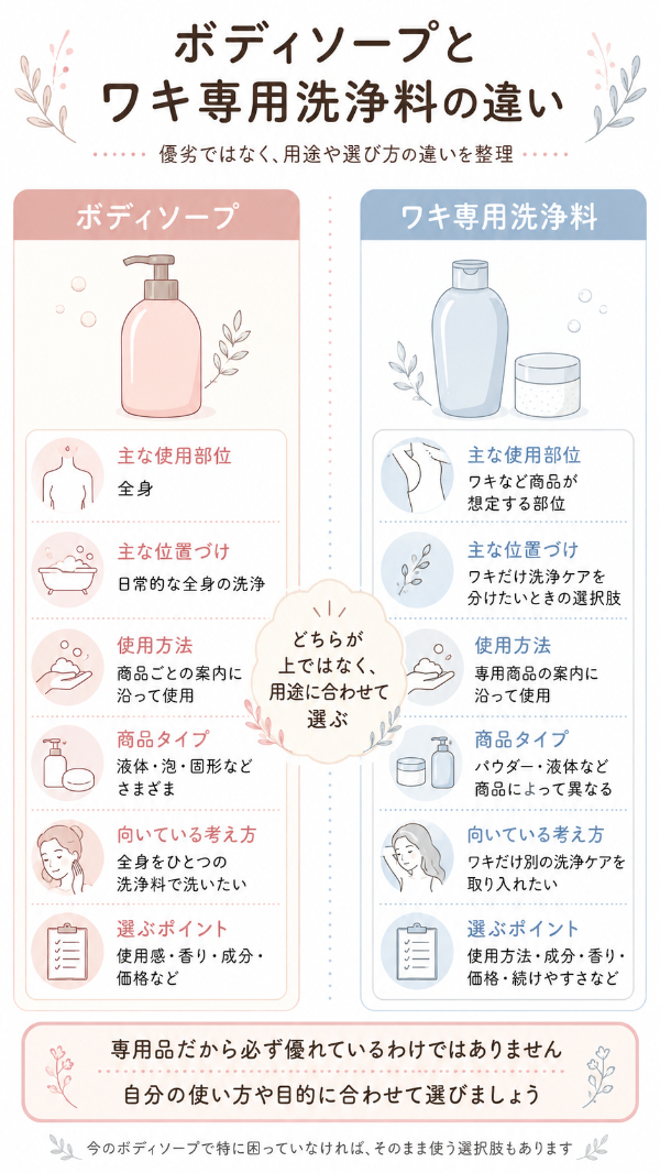 ボディソープとワキ専用洗浄料を優劣なしで比較する図