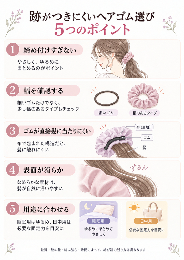跡がつきにくいヘアゴム選び4ポイント