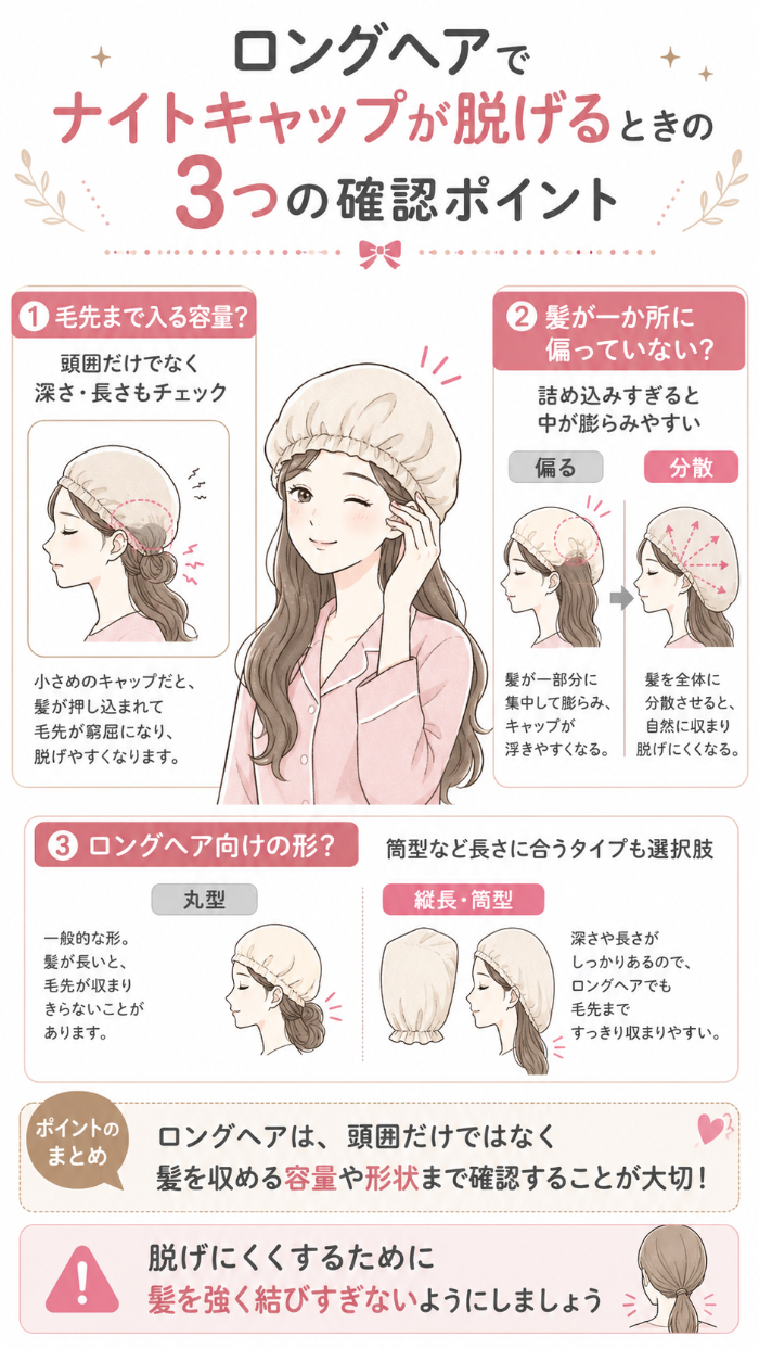 ロングヘアでナイトキャップが脱げるときの確認ポイント